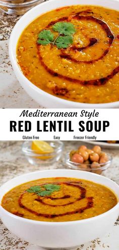 two bowls filled with red lentil soup and garnished with cilantro