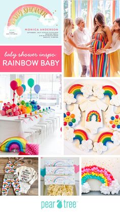 a collage of rainbow themed baby shower items