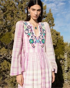 Alix Of Bohemia, Pastel Plaid, Prairie Dress, Gathered Skirt, Plaid Dress, Woven Cotton, Hand Beading, Bell Sleeve, Cotton Weaving