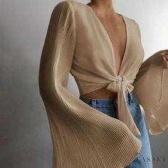 Lasaky - Elegant Solid Color Pleated Cardigan with Extra Long Bell Sleeves, Slim Fit and Belt Tie Short Chiffon Blouse Pleated Chiffon Blouse, Summer Ties, Pattern Dress Women, Ribbed Shirt, Flare Long Sleeve, Casual Tie, Neck Women, Blouse Material, Chiffon Shirt