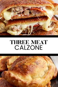 Two image collage of three meat calzone. First image is the calzone cut in half and stacked. Second image is the calzone on a baking sheet. Calzones With Pizza Dough Ricotta, Calzone Pepperoni, Calzone Ideas, Calzones With Pizza Dough, Pepperoni Calzone, Calzone Recipes, Cheese Calzone, Dinner Tomorrow