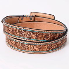 American Darling Tooled Leather Full Grain Leather Turquoise Trim Soft and Supple Leather Leather Buckle ADBLF179 The American Darling Turquoise Trim Tooled Belt seamlessly combines western charm with contemporary style. Crafted from premium leather, this belt showcases intricate tooled detailing adorned with vibrant turquoise trim, adding a pop of color and personality to any outfit. Its versatile design and adjustable buckle make it a perfect accessory for cinching the waist of dresses or addi Western Leather Belt Designs, Tooled Belt, Outfit Inso, Western Belt Buckles, Western Belt, Tool Belt, Leather Crafts, Baby Cows, Belt Design