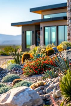 a house in the desert with plants and rocks around it, along with other landscaping items