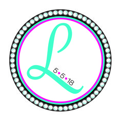 a circle with the letter l on it and dots around it in blue, pink, and green