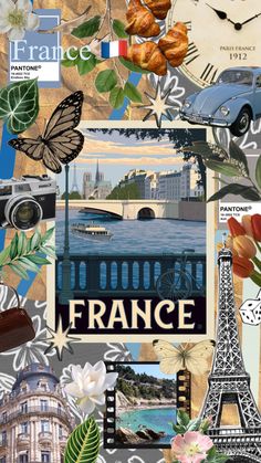 the collage has many different pictures and words on it, including an eiffel tower