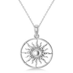 Summertime Sun Circle Pendant Necklace 14k White Gold Elegant Sun And Moon Design Sunburst Jewelry, Silver Necklace With Sun And Moon Design, Elegant Round Sun Design Jewelry, Elegant Sunburst Jewelry With Sun And Moon Design, Elegant Round Pendant Jewelry With Sun Design, White Sun And Moon Round Pendant Jewelry, Sterling Silver Sunburst Jewelry, Silver Sun Necklace With Sun And Moon Design, Symbolic Jewelry With Sun Design Round Pendant