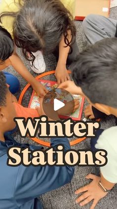 several children sitting around a table with a cake on it and the words winter stations above them