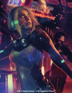 an animated image of a woman in futuristic garb with two men standing behind her