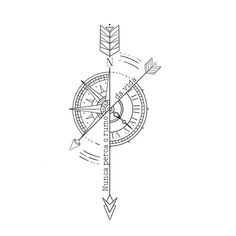 a black and white drawing of a compass with arrows pointing in different directions on it