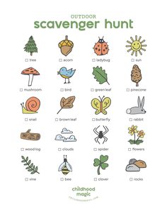 an outdoor scavenger hunt is shown in this printable activity sheet for kids