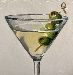 an oil painting of a martini glass with olives