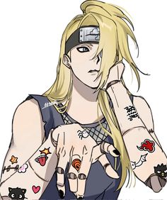 an anime character with tattoos on her arm and chest, holding his hand up to his face