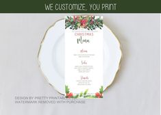 Customized Christmas menu printable with gorgeous watercolor Christmas garland with winter greenery, watercolor poinsettias and berries. Holiday Party Menu, Christmas Party Menu, Menu Christmas, Christmas Party Planning, Salad Cream, Christmas Dinner Menu, Menu Printable, Winter Greenery