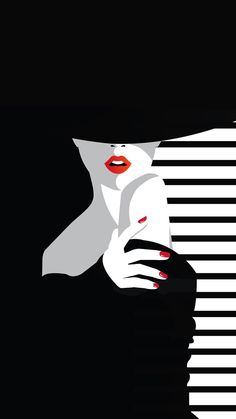 a woman with red lips and black hat is holding her hand on her face in front of a striped wall