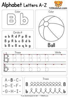 the alphabet worksheet for children to learn how to write and draw letters with pictures