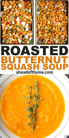 roasted butternut squash soup in a white bowl with carrots and parsley on top