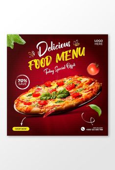 a pizza advertisement is displayed on a white surface with green leaves and tomatoes in the background