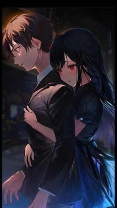 two people standing next to each other with red eyes