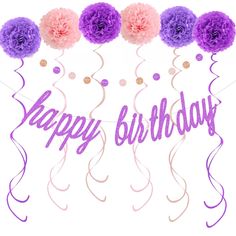 purple and pink flowers are in the middle of a happy birthday sign with streamers