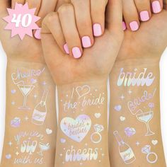 PRICES MAY VARY. Bottoms Up! Our Cheers Bachelorette tattoos are the party decor you've been looking for + a guaranteed hit! Cheers: two sheets with a total of 40 iridescent foil tattoos featuring handdrawn designs of diamonds, rings, sparkles,"Cheers", "You Can Sip With Us" + more that guests will absolutely love! Bride's Fave: our fun temporary tattoos have been put through rigorous party testing and are 100% guaranteed to last day into night - the perfect bachelorette decorations! The Perfect Bachelorette Party Tattoos, Cheer Decorations, Bach Party Decorations, Bachelorette Temporary Tattoos, Bachelorette Party Tattoo, Bachelorette Party Items, Bachelorette Party Decoration, Bachelorette Tattoos, Party Tattoos