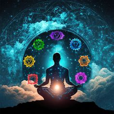 man meditating in lotus position with seven chakras surrounding him and surrounded by clouds