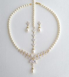 Pearl Bridal Jewelry Set in Ivory White or Cream Pearl Color with Necklace, Backdrop & Earrings-Katie - PoetryDesigns Pearl Wedding Jewelry Sets, Bridal Jewelry Pearl Sets, Rose Gold Bridal Jewelry, Pearl Necklace And Earrings, Crystal Bridal Jewelry Sets, Beautiful Bridal Jewelry, Pearl Earring Set, Bridal Pearl Necklace, Pearl Bridal Jewelry