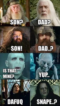 the many faces of lord gando in harry potter's movie scenes, with caption that reads son? dad? is that mine? yup dafoo? snape?