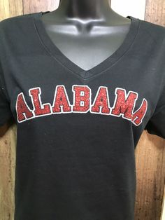 "Bling Glitter Alabama black V-neck T-shirt with or without \"A\" just send note to seller at checkout. ANY COLLEGE AVAILABLE, just ask *Threadfast Sizes S-2X as pictured run a size small and have a SNUGGER FIT *Just My Size ROUND NECK Sizes 1X-4X as pictured are true to size and LOOSER FIT Ask All questions before purchasing as this is a made to order item and nonrefundable Thank you for supporting my small business 😃 Check out my other items at https://www.lisablingboutique.com/" Alabama Clothes, Alabama Shirt, Small Business Check, Alabama Shirts, Bling Shirts, Gameday Dress, Business Check, Just My Size, Business Checks