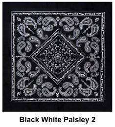 a black and white paisley square scarf with an intricate design on the front, in two different colors