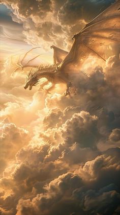 a large white dragon flying through the sky with clouds in the foreground and sun behind it