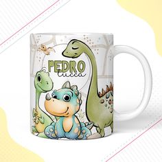 a coffee mug with an image of two dinosaurs and the words pedro on it