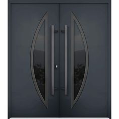 the front view of a modern steel door with two side panels and an oval design