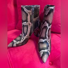 New Mark Fisher Pink And Brown Python Pattern Ankle Boots With Zipper. Size 7. Pink Ankle Boot Heels For Fall, Pink Pointed Toe Booties For Fall, Pink Ankle Booties For Fall, Pink Ankle-high Booties For Fall, Trendy Pink Ankle Booties, Casual Pink Fall Booties, Casual Pink Booties For Fall, Casual Pink Heeled Boots For Fall, Trendy Snake Print Ankle Boots