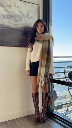 Knee High Boots Brown Outfit, Autumn Dresses Outfit, Tall Boots Winter Outfit, Camel Colored Boots Outfit, Winter Tall Boots Outfit, Mahogany Boots Outfit, Elegant Outfits With Boots, Outfits With Light Brown Boots, Fall Christmas Outfits