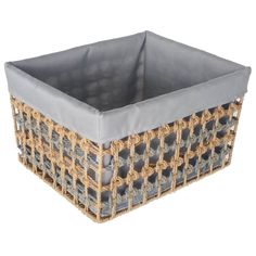 a gray and beige basket with handles on the bottom is sitting in front of a white background