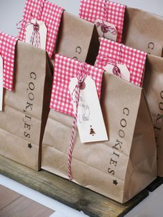 brown paper bags with red and white checkered tags