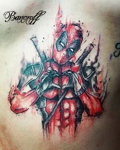 a deadpool tattoo on the chest