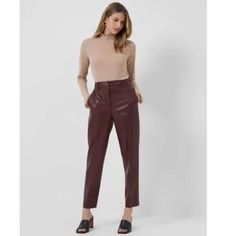 Amazing Chocolate Brown Faux Leather Trouser Pants. Pockets In Front. 100% Viscose. 15 Inch Waist With No Stretch. Inseam 27 Inches Rise 12 Inches. Very On Trend This Fall! Brown Leather Pants, Brown Trousers, Leather Pant, Slim Trousers, Tapered Trousers, Trouser Style, Slim Fit Trousers, Trouser Pants, Brown Fashion