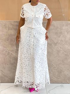 Lasaky - City Slicker Lace Accent Short Sleeve Blouse White Dress African Style, White Lace Skirt And Blouse Styles, Lace Sleeve Styles, Senegalese Clothing Styles 2024, Ankara Lace Styles For Women, White Lace Styles, Dentelle Dress, White Lace Dress Outfit, Trendy Lace Dresses