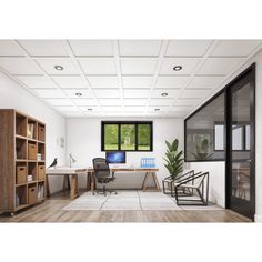 an office with white walls and wooden floors