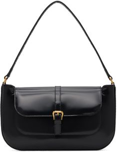 Patent leather shoulder bag in black. · Carry handle · Pin-buckle detailing at face · Foldover flap with magnetic press-stud fastening · Patch pocket at interior · Cotton twill lining · Gold-tone hardware · H6 x W10.8 x D1 in Supplier color: Black Double Handle Leather Baguette Bag With Metal Hardware, Formal Top Handle Bag With Buckle Closure, Leather Office Bags With Buckle Closure, Top Handle Shoulder Bag With Buckle For Work, Evening Leather Shoulder Bag With Buckle Closure, Timeless Black Flap Shoulder Bag, Office Leather Bags With Buckle Closure, Office Leather Bag With Buckle Closure, Formal Top Handle Shoulder Bag With Buckle Closure