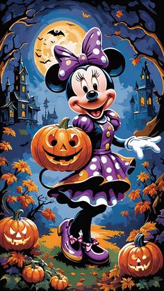 minnie mouse with pumpkins in front of a full moon