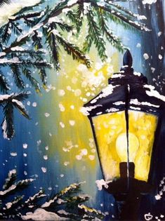 a painting of a street light in the snow with pine branches and lights on it