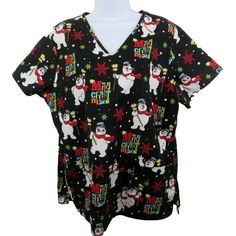 Warner | Tops | Frosty The Snowman Scrub Top Womens Size L Black Red Merry Christmas Shirt | Poshmark