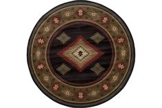 a round rug with an abstract design on the center and sides in brown, green, red