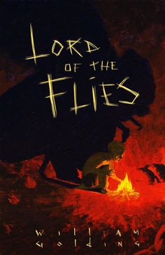 lord of the flies book cover with fire and man on bike in foreground text reads lord of the flies