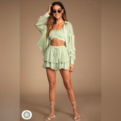 Lulus Green And White Striped Sheer Button Up With Crop Top And High Waisted Skort Set- New With Tags!! Dressy Attire, Lulu Shorts, White Shadow, Chic Skirts, Print Crop Tops, Matching Top, Two Piece Dress, Two Piece Outfit, Fashion Sewing