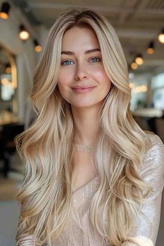 Long champagne blonde hair with soft curls at the ends Long Wavy Hair For Wedding, Curled Volume Hair, Long Loose Curls Wedding Hair, Wedding Hairstyle Long Hair Down, Different Curled Hairstyles, Soft Curls For Long Hair Wedding, Loose Curls Blonde Hair, Loose Big Curls For Long Hair, Wedding Hair All Down Curls