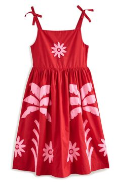 Your little one will shine even brighter in this adorable sundress detailed with bow-topped straps and large floral appliqués. Slips on over head Smocked back panel Lined 100% cotton   Machine wash, tumble dry Imported Toddler Sun Dress, Red Palm, Cotton Frocks, Rompers Dressy, Normal Clothes, Poppy Red, Butterfly Dress, Dressy Dresses