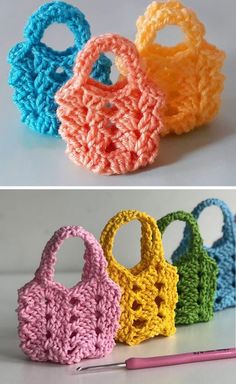 crocheted purses are shown in different colors